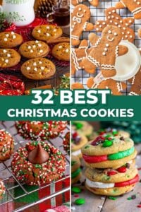 Collage of four Christmas cookies, including gingerbread spice cookies, gingerbread men, chocolate thumbprint cookies topped with a chocolate kiss and sprinkles, and M&M sandwich cookies, with a green banner reading 32 Best Christmas Cookies.