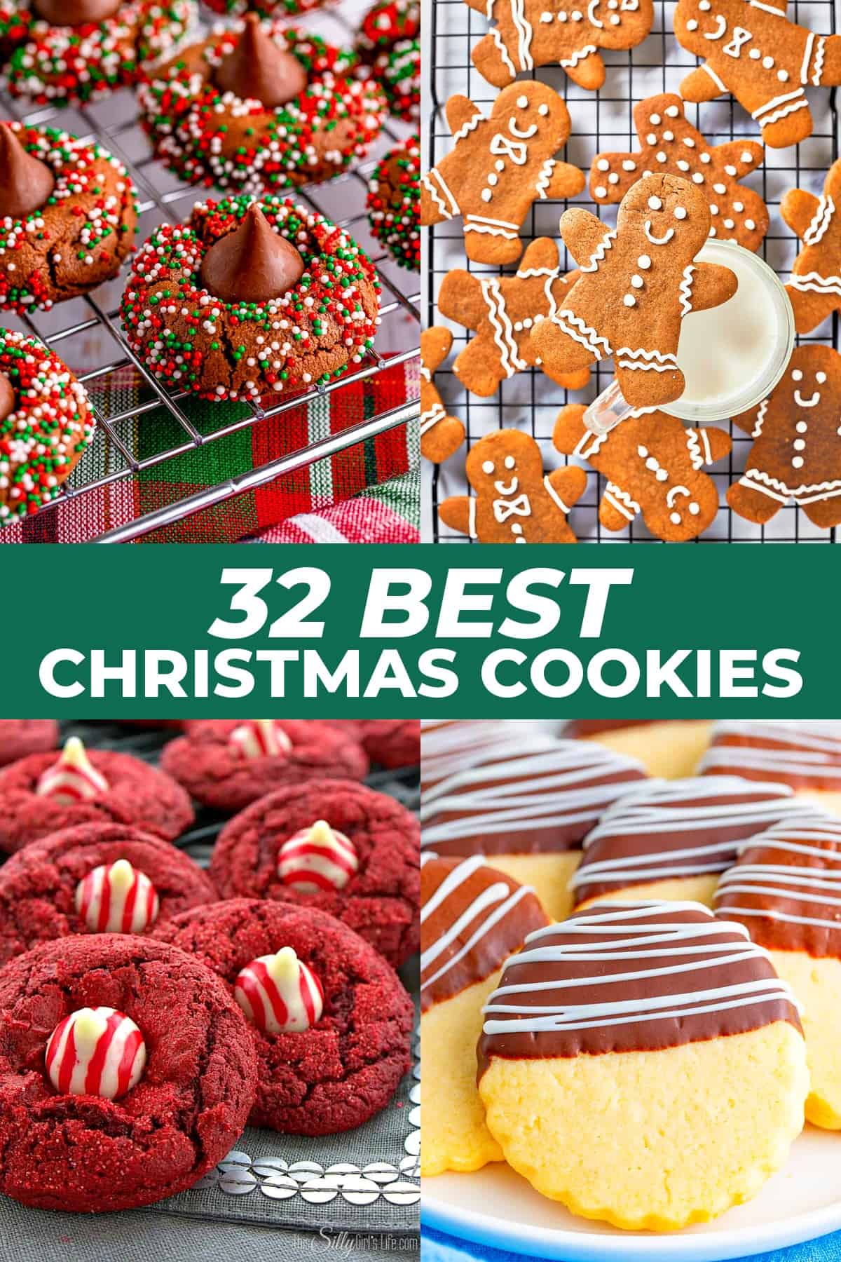 32 Best Christmas Cookies: chocolate blossom cookies, gingerbread men, red velvet candy cane blossoms, and chocolate dipped shortbread.