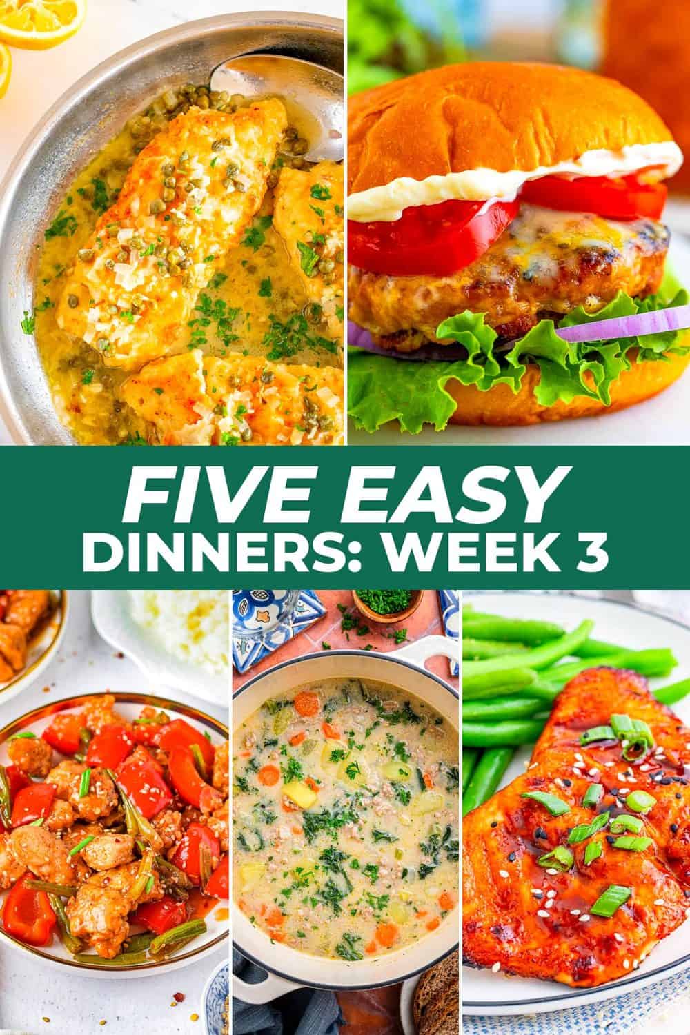 Five Easy Dinners Week 3 with sticky ginger chicken, turkey burgers, cod piccata, Zuppa Toscana and Asian glazed salmon