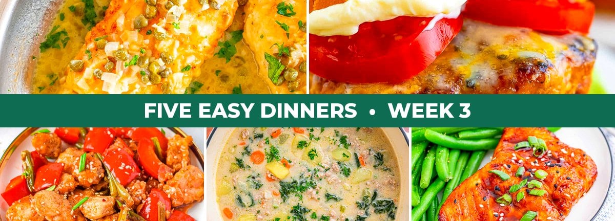 Five Easy Dinners week 3 with sticky ginger chicken, turkey burgers, cod piccata, Zuppa Toscana and Asian glazed salmon