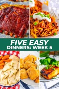Five Easy Dinners Week 5 with honey chipotle ribs, Frito pie casserole, chicken and dumplings, catfish nuggets and Asian glazed sea bass