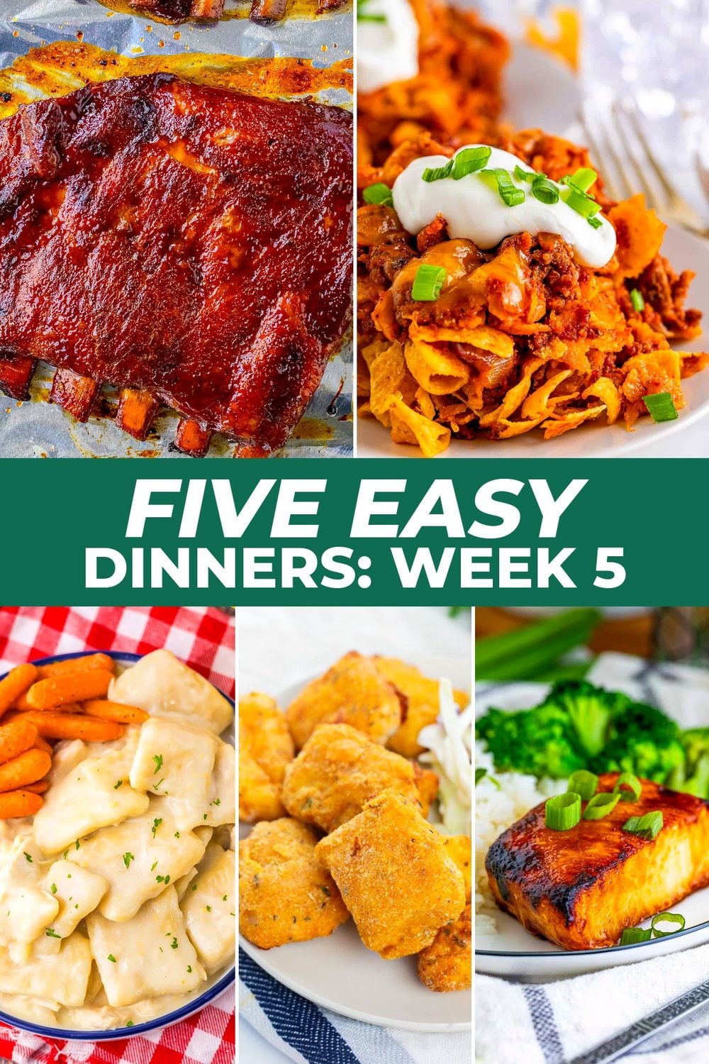 Five Easy Dinners Week 5 with honey chipotle ribs, Frito pie casserole, chicken and dumplings, catfish nuggets and Asian glazed sea bass